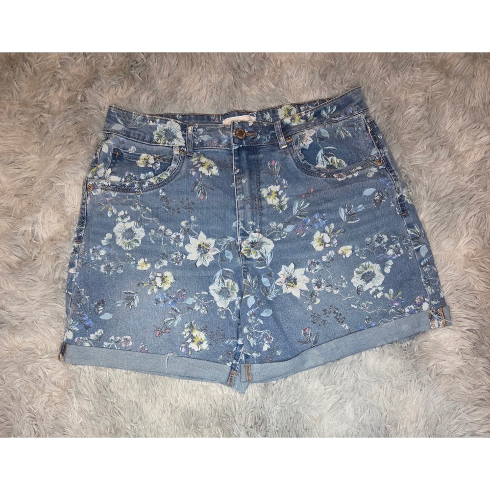 Copper Flash Womens Floral Denim Shorts Blue Medium Wash Cuffed Size 12